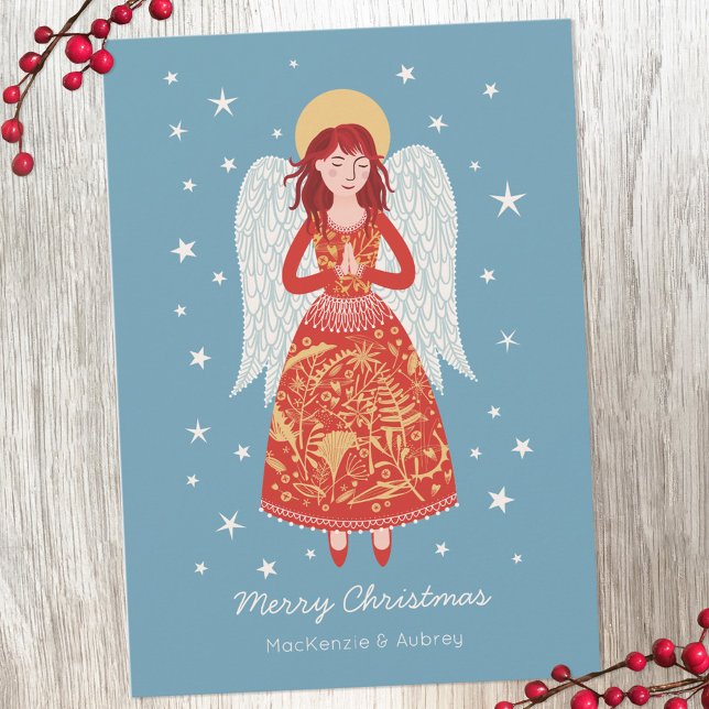 Tarjeta Festiva Navidades de Angel (Angel personalized custom text Christmas holiday card)