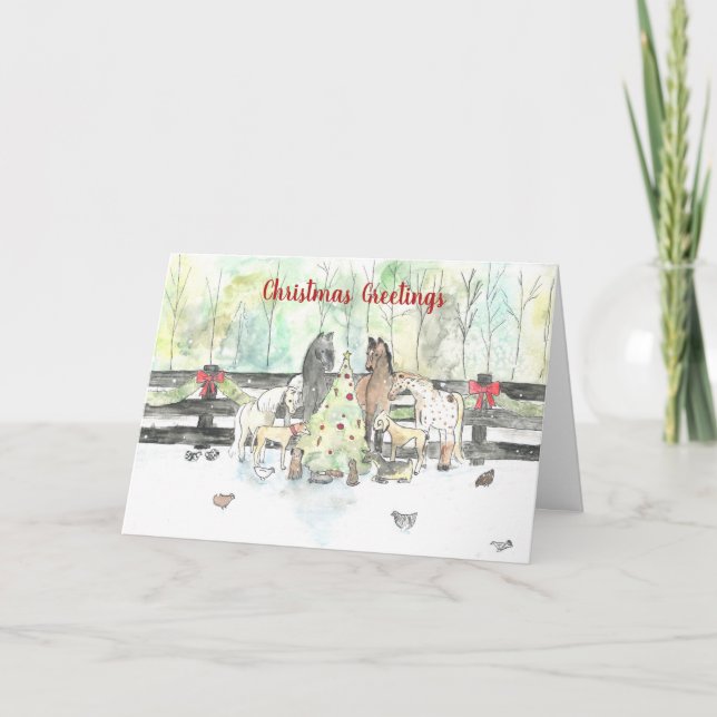 Tarjeta Festiva Navidades de animales de crianza de caballos carga (Anverso)