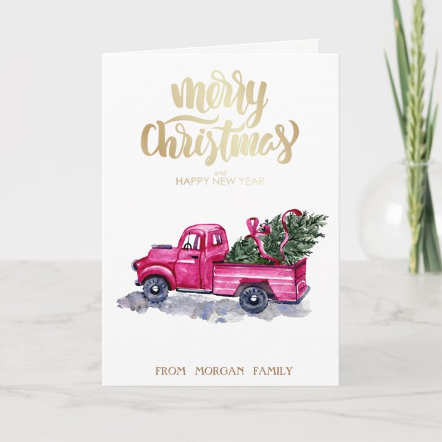 Tarjeta Festiva Navidades De Árbol De Camión Rosado (Anverso)