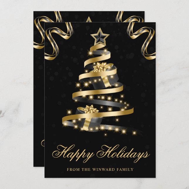Tarjeta Festiva Navidades de árbol de cinta negra y dorada (Anverso / Reverso)