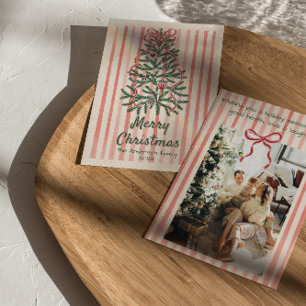 Tarjeta Festiva Navidades de árbol de cintas rojas y rojas retro