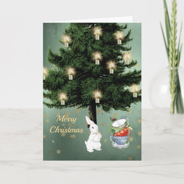 Tarjeta Festiva Navidades de árbol de tazas de té de conejo blanco (Anverso)