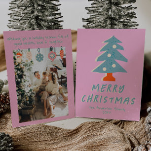 Tarjeta Festiva Navidades de árbol funky rosa azul vintage
