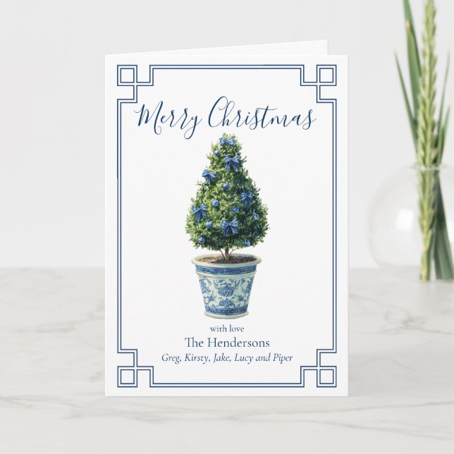 Tarjeta Festiva Navidades de árbol superior azul y blanco (Anverso)