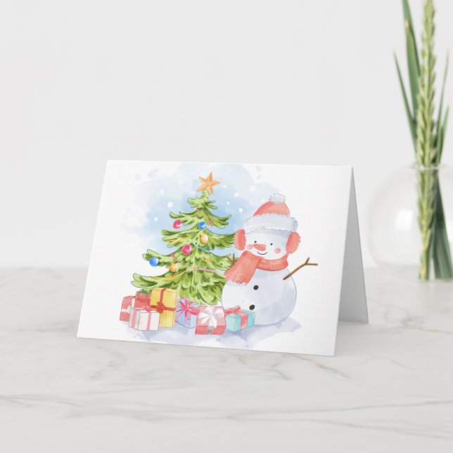 Tarjeta Festiva Navidades de árbol y Snowman dibujados a mano (Anverso)