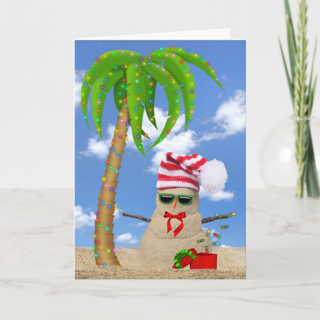 Tarjeta Festiva Navidades de arena tropical hombre con palmera (Anverso)