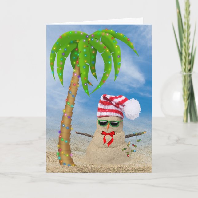 Tarjeta Festiva Navidades de arena tropical hombre con palmera (Anverso)