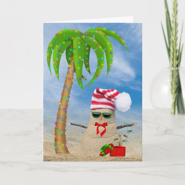 Tarjeta Festiva Navidades de arena tropical hombre con palmera (Anverso)