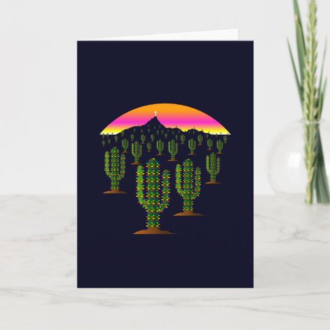 Tarjeta Festiva Navidades de Arizona Saguaro Cactus se iluminan al (Anverso)