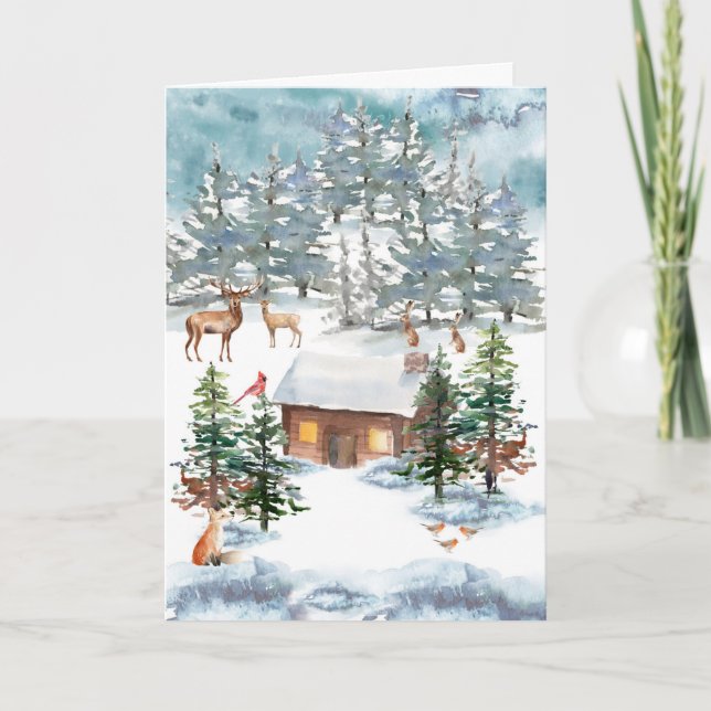 Tarjeta Festiva navidades de arte acuático "Cabin in the Snow" (Anverso)
