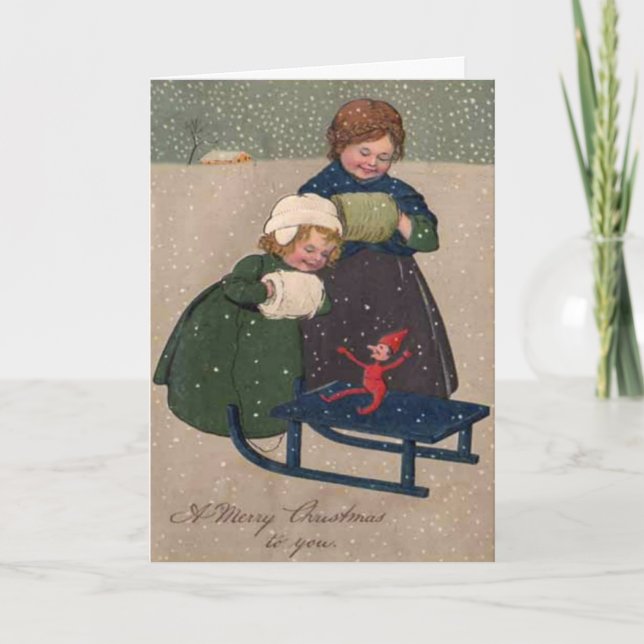 Tarjeta Festiva Navidades de arte de moda dos Chicas y un elfo (Anverso)