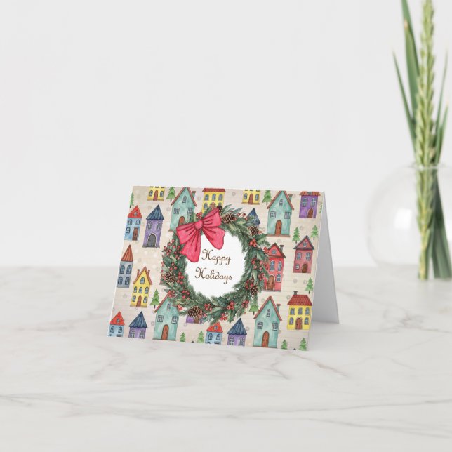 Tarjeta Festiva Navidades de arte folclórico de la Casa Pequeña (Anverso)