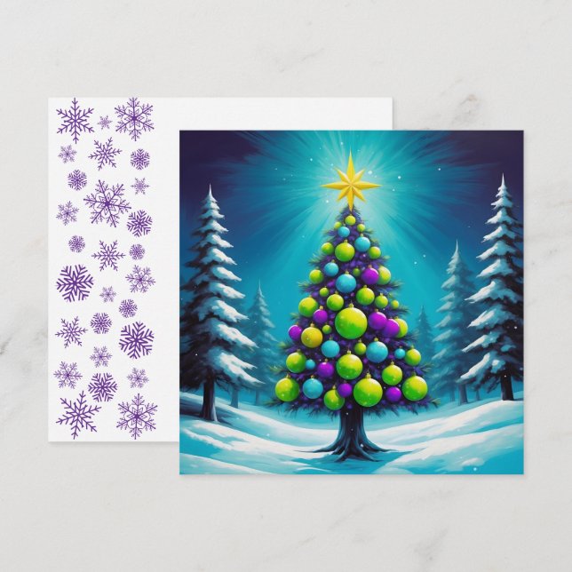 Tarjeta Festiva Navidades de arte pop con morado azul verde neón (Anverso / Reverso)