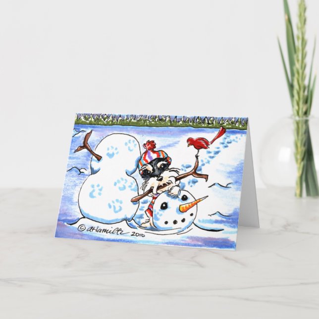 Tarjeta Festiva Navidades de arte Schnauzer Snowman (Anverso)