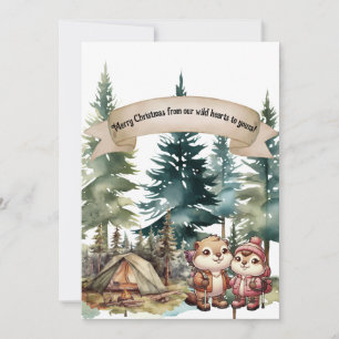 Tarjeta Festiva Navidades de aventuras al aire libre con pareja de