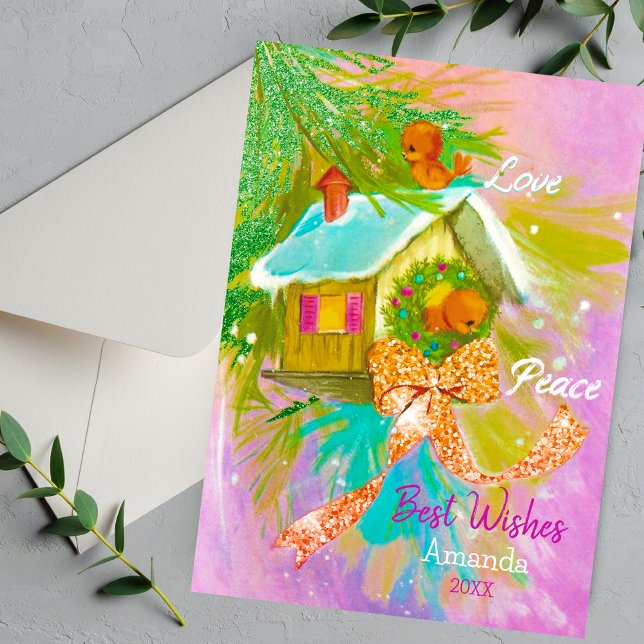 Tarjeta Festiva Navidades de aves amorosas de época saludan el año (Subido por el creador)