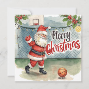 Tarjeta Festiva Navidades de baloncesto Santa Claus jugando