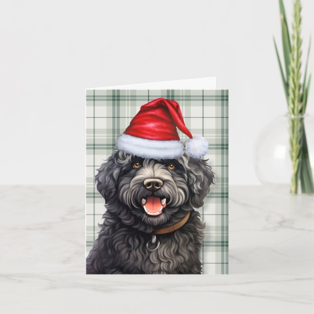 Tarjeta Festiva Navidades de Barbet Perro Green Plaid Navidades (Anverso)