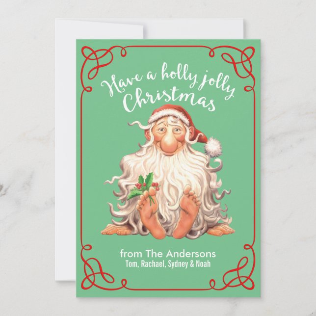 Tarjeta Festiva Navidades de Barefoot Santa Holly Jolly (Anverso)