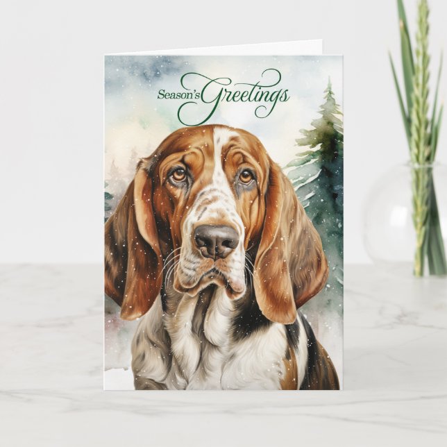 Tarjeta Festiva Navidades de Basset Hound Dog Woodland (Anverso)