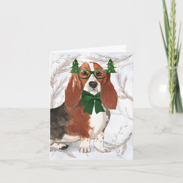 Tarjeta Festiva Navidades de Basset Hound y Pines Botánicos (Anverso)