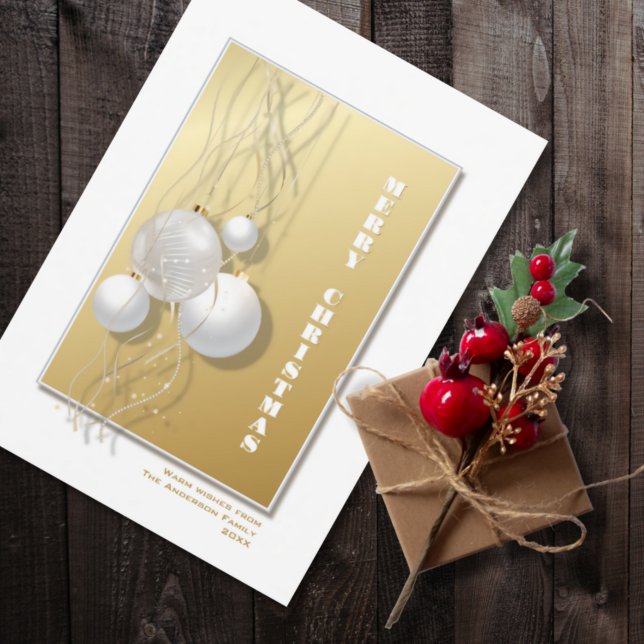 Tarjeta Festiva Navidades de Baubles Blancos de Oro (Subido por el creador)