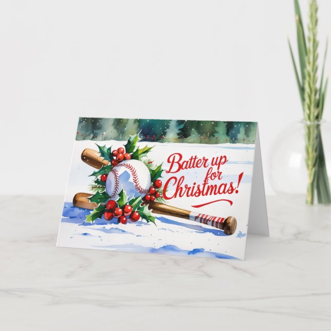Tarjeta Festiva Navidades de béisbol con la temática ¡Batter Up fo (Anverso)