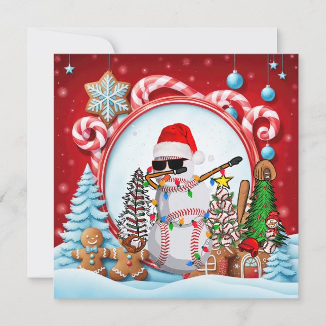 Tarjeta Festiva Navidades de béisbol con regalos y pelotas (Anverso)