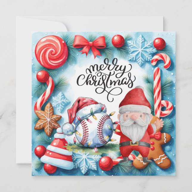 Tarjeta Festiva Navidades de béisbol con Santa Claus (Anverso)