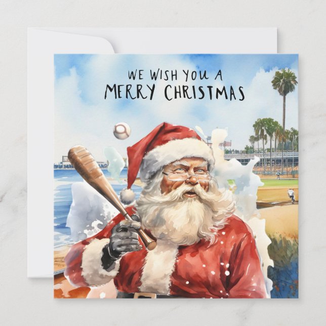 Tarjeta Festiva Navidades de béisbol con Santa Claus (Anverso)