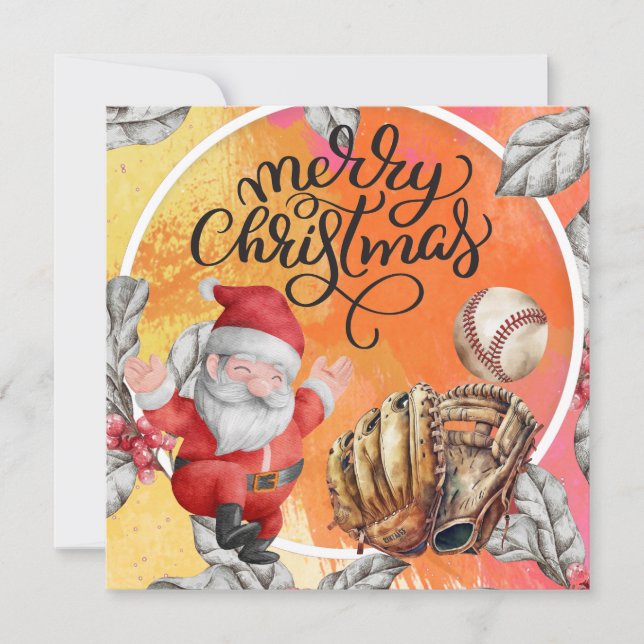 Tarjeta Festiva Navidades de béisbol con Santa Claus y Snowman (Anverso)