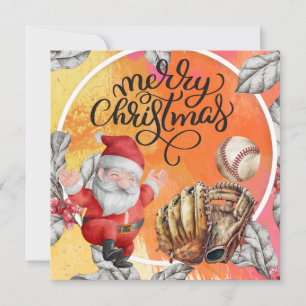 Tarjeta Festiva Navidades de béisbol con Santa Claus y Snowman