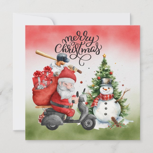 Tarjeta Festiva Navidades de béisbol con Santa Claus y Snowman (Anverso)