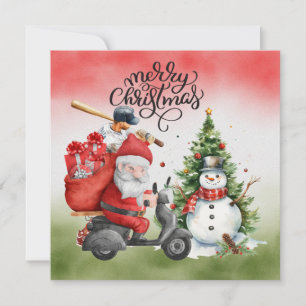 Tarjeta Festiva Navidades de béisbol con Santa Claus y Snowman