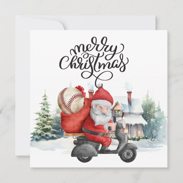 Tarjeta Festiva Navidades de béisbol con Santa Claus y Snowman (Anverso)