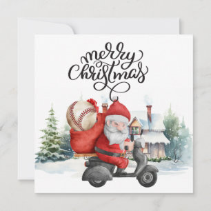 Tarjeta Festiva Navidades de béisbol con Santa Claus y Snowman