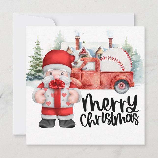Tarjeta Festiva Navidades de béisbol con Santa Claus y Snowman (Anverso)