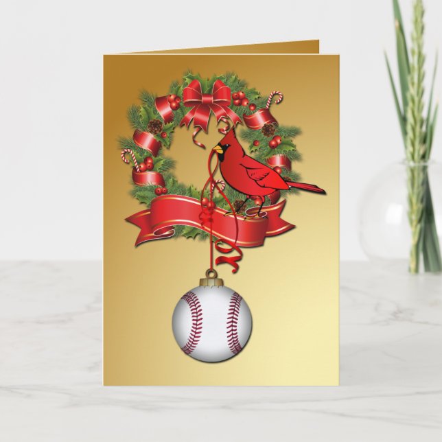 Tarjeta Festiva Navidades de béisbol escriben con pájaro rojo (Anverso)