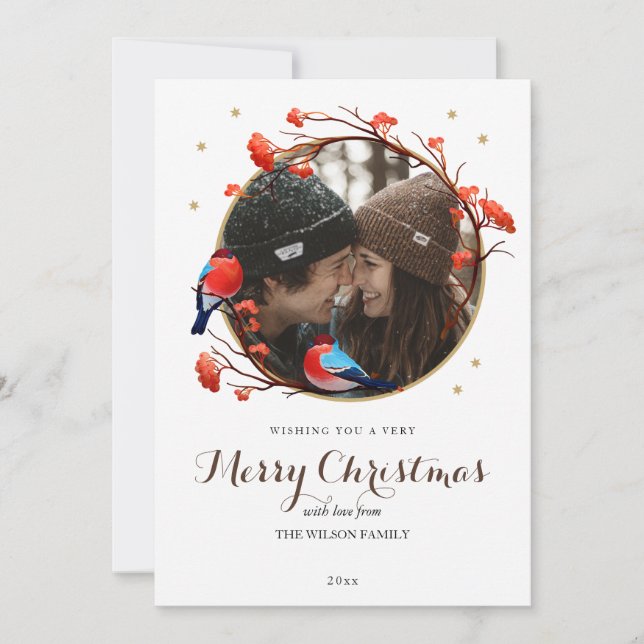 Tarjeta Festiva Navidades de Berries Wreath de los pequeños Robin  (Anverso)