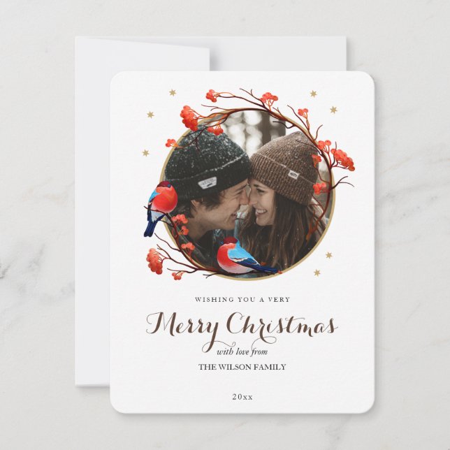 Tarjeta Festiva Navidades de Berries Wreath de los pequeños Robin  (Anverso)