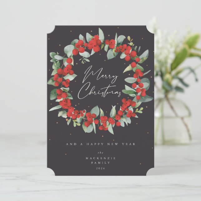 Tarjeta Festiva Navidades de Berries y Eucaliptus rojos no fotogra (Anverso de pie)