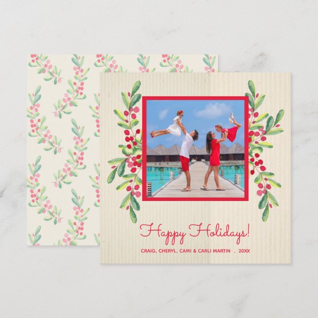 Tarjeta Festiva Navidades de Berries y Greenery Foto (Anverso / Reverso)
