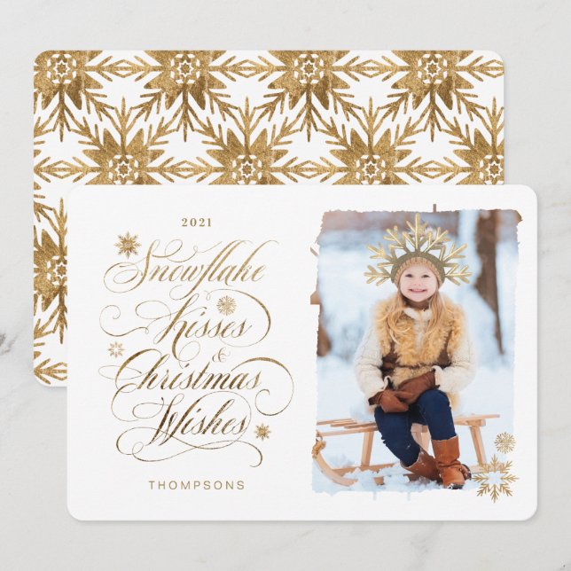 Tarjeta Festiva Navidades de besos de nieve quieren foto con guión (Anverso / Reverso)
