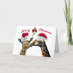 Tarjeta Festiva Navidades de besos jirafas bajo Mistletoe