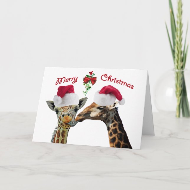Tarjeta Festiva Navidades de besos jirafas bajo Mistletoe (Anverso)
