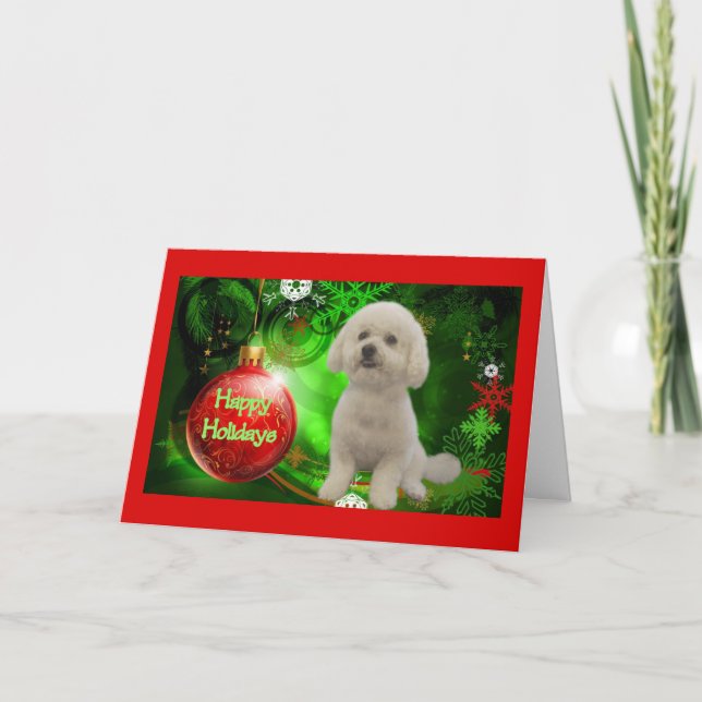 Tarjeta Festiva Navidades de Bichon Frise con Felices Fiestas (Anverso)
