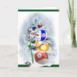 Tarjeta Festiva Navidades de Billiard Ball Snowman<br><div class="desc">El muñeco de nieve con bola de caca es adorable en muchos artículos divertidos para Navidades. Grandes ideas de regalo para los amantes del juego de los billares.</div>