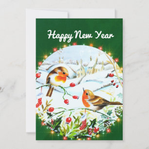 Tarjeta Festiva Navidades de Bird Robin Couple Winter Holly