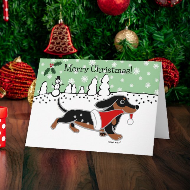 Tarjeta Festiva Navidades de Black and Tan Dachshund Snowflakes (Black and Tan Dachshund Running Snowflakes Design Christmas Cards for Dachshund Owners.)
