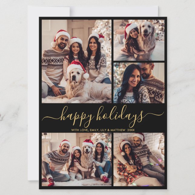 Tarjeta Festiva Navidades de Black Gold 5 Photo Happy Holidays (Anverso)